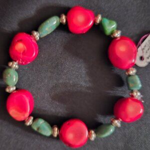 Handcrafted Red Coral and Arizona Turquoise Stretch Bracelet